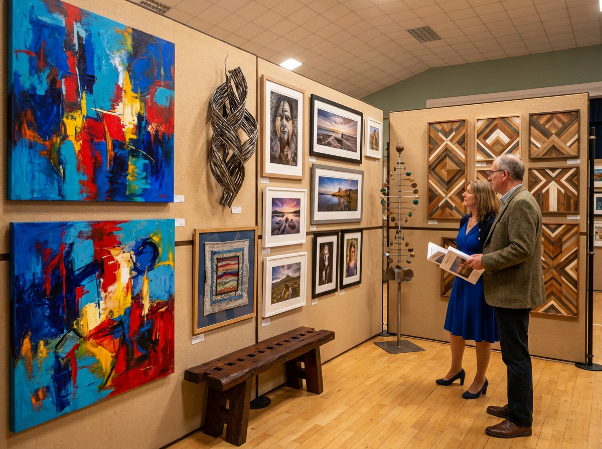 Art gallery interior with paintings on white walls